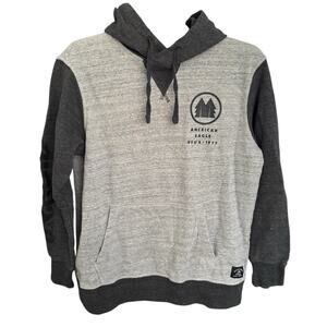 American Eagle Hoodie Men’s Medium Gray Colorblock Pullover Sweatshirt 1977 Logo